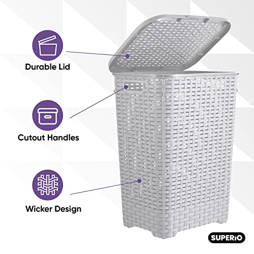 Plastic Laundry Hamper with Lid Laundry Hamper Basket, White Smoke 2 Pack Tall Cloths Hamper Organizer with Cut-out Handles. Space Saving for Laundry Room Bedroom Bathroom, Wicker Design 60 Liter - color: White Smoke, size: 2-pack