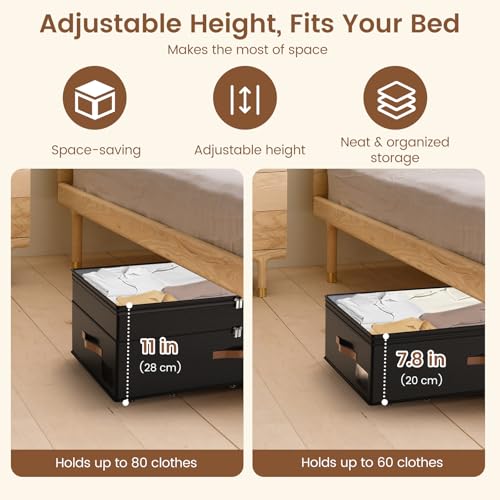 Under Bed Storage with Wheels, 2-Pack Underbed Storage Containers, No Assemble 11 inches 90L XXL Large Adjustable Storage Bins with Clear Lids, Rolling Storage for Clothes, Shoes, Blankets, Black - color: Black