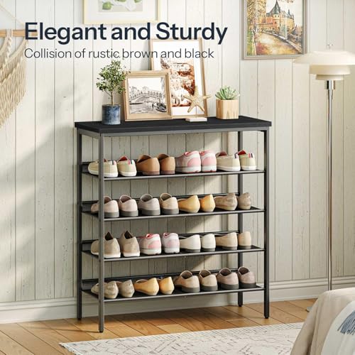HOOBRO Shoe Rack for Entryway, 5-Tier Shoe Organizer with Adjustable Mesh Shelves, 12-16 Pairs of Shoes, Spacious Floor Mount, Metal, Industrial, Shoe Shelf for Closet, Black BB12XJ01 - color: Black + Black, size: 29.5"W x 11.8"D x 31.8"H