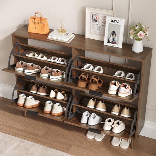 BORNOON Shoe Cabinet for Entryway with 4 Flip Drawers, Slim Wooden Shoe Storage Organizer with Modern Fluted Pannel，Freestanding Narrow Hidden Shoe Rack for Hallway, Foyer, Living Room - color: Walnut, size: 4 Flip Drawers