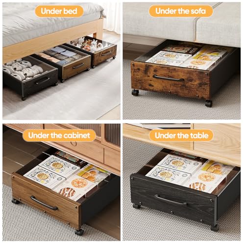 KITHELP Wooden Under Bed Storage with Wheels, 80L Extra-large Rolling Under the Bed Storage Bins 2 Pack with Removable Lid, Upgrade Metal Under Bed Drawers for Clothes Shoes Blankets in Bedroom - color: Black Wooden 90cm-2 pack