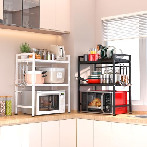 PUSDON Microwave Oven Rack, Adjustable Shelf Organizer 3-Tiers with 3 Hooks, & 160lbs Capacity for Kitchen Counter, White - color: White, size: H-frame 3 tier