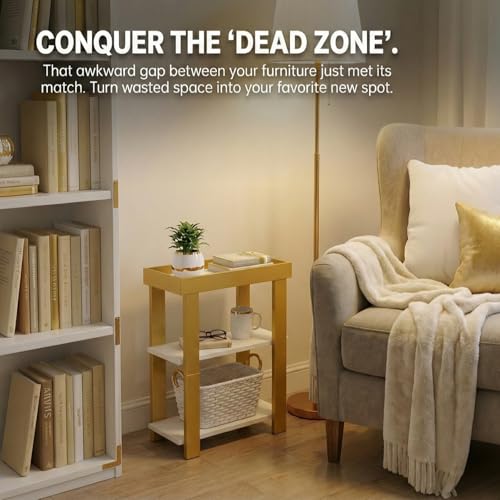 Modern 3-Tier Gold Side Table, Narrow End Table with White Tray Top Shelves, Slim Nightstand Bedside Table for Small Spaces, Living Room, Bedroom, Bathroom Storage Organizer Stand (White+Gold) - color: White + Gold