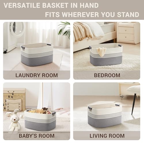 45L Small Laundry Basket with Leather Handles for Living Room Storage, Woven Rope Baskets Bin for Blanket, Kids Toy, Gifts, Wicker Hamper for Bedroom Dirty Clothes, 18"x14"x11" White Grey - color: Grey, size: 45L