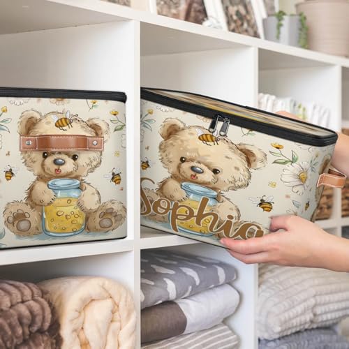 Custom Storage Basket with Name, Personalized Storage Bins with Zipper Lid, Foldable Fabric Storage Box Large capacity with Handle Flower Bee Bear - color: Option 20