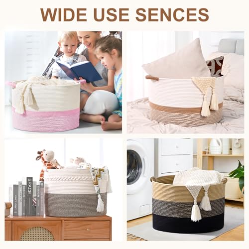 67L Large Blanket Basket, 20"x13" Woven Storage Baskets With Handle, Cotton Rope Blanket Basket Living Room, Baby Laundry hamper for Blanket, Nursery, Toy, Pillow (White & Brown) - color: White & Brown, size: 67L