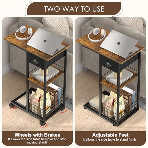 Hayexiha 3-Tier Side Table with Wheels and 360° Rotation, C Table with Drawer, End Table for Couch, Space Saving Small Desk for Narrow Space, TV Tray, Vintage Bedside Table for Living Room, Bedroom