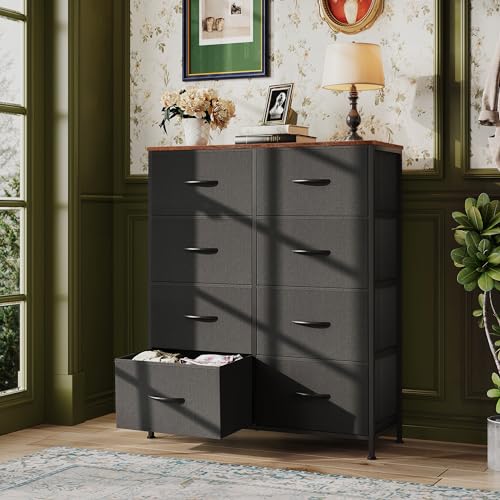 WLIVE Tall Fabric Dresser with 8 Drawers, Storage Tower with Fabric Bins, Double Dressers, Chest of Drawers for Closet, Bedroom, Living Room, Hallway, Dorm, Black and Rustic Brown - color: Black and Rustic Brown, style: General