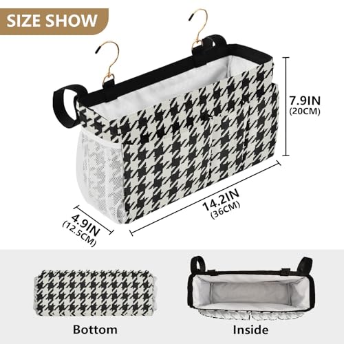 Classic Houndstooth Print Bedside Caddy Storage Bag Bedside Organizer for Bunk Bed Headboards College Organizer Caddy Hanging Shelf 6 Pockets with Hooks for Drinks Magazine Phone Holder - color: Classic Houndstooth