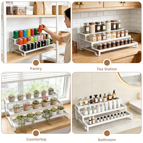 SANKEU Expandable Spice Rack Organizer for Cabinet 3 Tiered Metal Seasoning Organization with Guardrails Spice Shelf Storage for Jars Adjustable Length 13"-21" White 1Pack - color: White, size: 1 Pack
