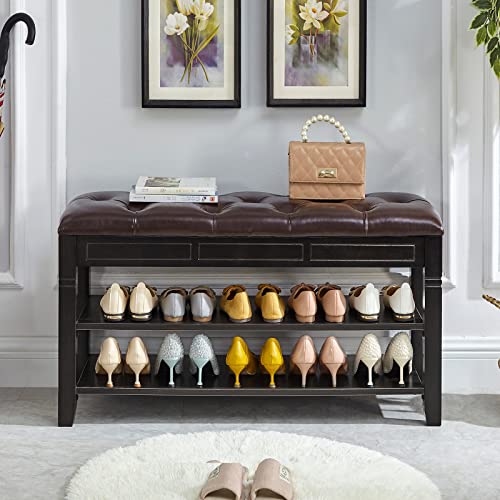 LEILISI Shoe Bench, Storage Rack Organizer with Cushion 2 Tier Lift Top Shoe Rack for Entryway Living Room Bedroom Hallway Wooden Furniture (Black, 31.5'') - color: Black, size: 31.5