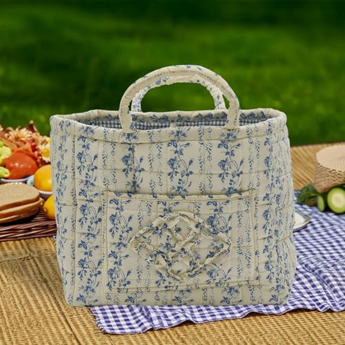 Quilted Fabric Storage Basket with Handles & Pocket, Foldable Laundry Hamper Boho Floral Print Organizer Bin for Home, Picnic, Office 12"x10"x10" (B-5) - color: B-5