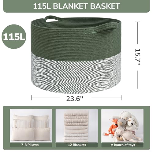 INDRESSME 115L Extra Large Cotton Rope Blanket Basket, Home Decor Laundry Storage Basket for Organizing Bedroom, Living Room, Nursery, Toy Storage for Colthes Towel, Green - color: Green & White, size: 23.6"D x 15.7"H
