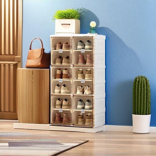 ANTBOX Shoe Organizer Storage Box, Portable Folding Shoe Rack For Closet With Magnetic Clear Door,Large Sneaker Cabinet Bins Sturdy Easy Assembly 6 Layers-12 Grids - size: 6 Layers-12 Grids