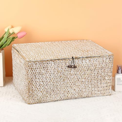Hipiwe Wicker Woven Baskets Bin with Lid Natural Seagrass Basket Storage Bin Rectangular Household Basket for Shelf Wardrobe Home Decor, Whitewash, X-Large - color: Whitewash, size: X-Large