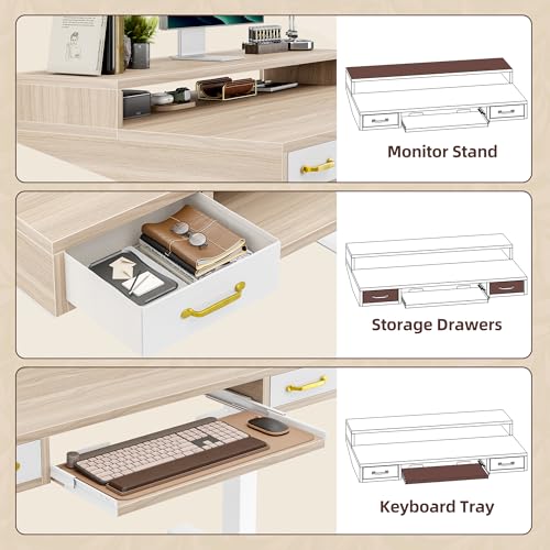 TIQLAB Standing Desk with Two Drawers, Stand Up Standing Desk Adjustable Height, Electric Sit Stand Table with Storage Shelf and Splice Board, with LED Light, 47 * 28 inch, Light Walnut - color: Light Walnut, size: 47*28 inch with keyboard tray