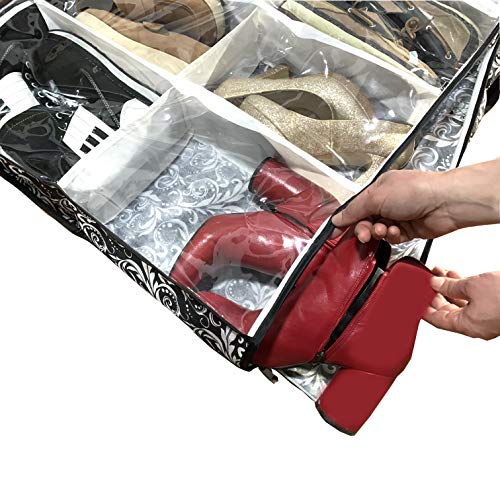 12 Cells See Through Underbed Shoes and Boots Storage Bag Organizer with Black and White Flower (Black) - 40.9x24.4x5.51 Inch - color: black