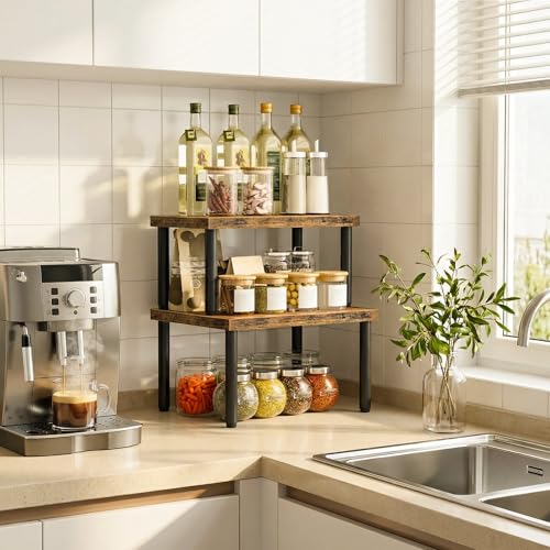 HOOBRO Cabinet Organizer Shelf, kitchen countertop organizer, Kitchen Storage, Spice Rack for cabinet, Stackable, Expandable, for Countertop,kitchen,cabinet, Rustic Brown BF15TL01 - color: Rustic Brown + Black