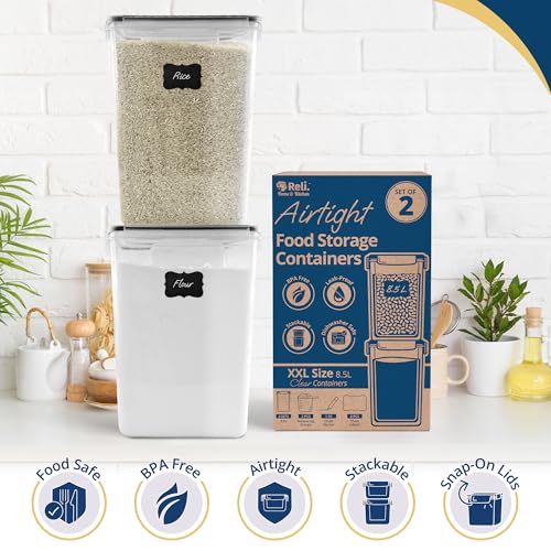 Reli. 8.5L Airtight Food Storage Containers with Lids (2 Sets) Kitchen Organizers and Storage Containers, Pantry Organizers | BPA Free Plastic XXL Set w/ 2 Measuring Cups, 6 Labels, Pen