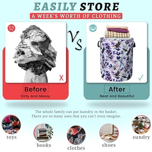 Dragonfly Laundry Basket Foldable With Handles Purple Floral Tote Bag Oxford Cloth Colorful Laundry Hamper Clothes Storage Bucket Toy Organizer For Bathroom/Laundry/Bedroom 18.9" x 16.5 " - color: Dragonfly and Purple Flowers