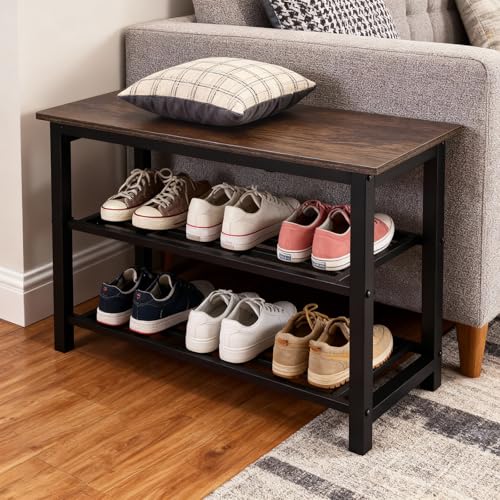 Shoe Bench, 3-Tier Shoe Rack, Industrial Shoe Organizer Storage Bench, 27.2'' Bench with Metal Shelves, for Entryway, Living Room, Hallway, Easy Assembly, 300lb Capacity - Rustic Brown - size: 3-Tier Shoe Bench (Metal Shelves）