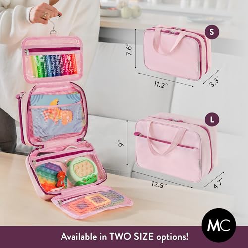 Kids Travel Organizer – Multi-Compartment, Water-Resistant Hanging Bag for Toys, Snacks, & Activities - Compact, Lightweight Design with Hook & Carry Handle - Perfect for Travel Use (Pink, Small) - color: Pink, size: Small