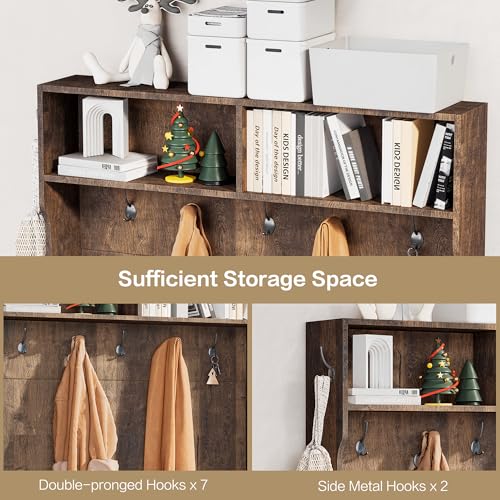 71" Hall Tree with Bench and Shoe Storage, Entryway Hall Tree with 2 Doors and 6 Adjustable Shelves, Cushioned Storage Bench with Coat Rack for Hallway, Living Room, Mudroom - color: Rustic Brown