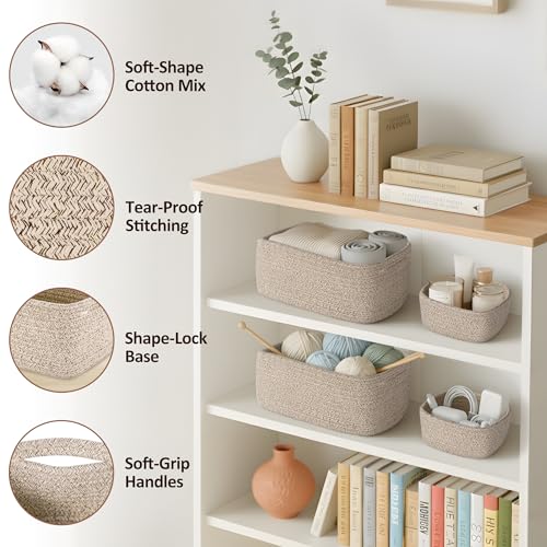 5-Pack Small Woven Rope Storage Baskets – 2 Sizes Organizer Bins for Closet, Shelf, Bookshelf, Nursery, Changing Table, Fabric Cube Boxes, Rectangular Shallow Bins for Bathroom, Toy & Home - color: Natural