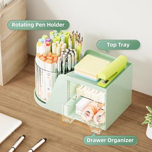 Marbrasse Desk Organizer with 2 Drawer, 360°Rotating Pen Holder, Desk Organizers and Accessories with 6 Slots Pencil Holder + 2 Drawer, Art Supply Storage Box Caddy for Office (Green) - color: Green