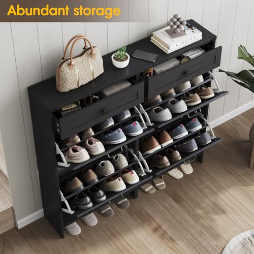 Halitaa Shoe Cabinet with 4 Flip Drawers & 2 Drawers,Farmhouse Shoe Storage Cabinet for Entryway,Slim Freestanding Organizer Rack for Front Door Entrance,Black - color: Black, style: 4-Drawers