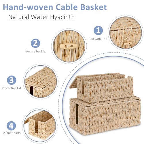 efluky 2 Pack Plastic Cable Management Boxes, Hand-Woven Cord Organizer Box with Lid, 2 Open Slots Cable Organizer Basket to Hide Power Strip and Charger for Home & Office and Dorm,Natural - color: Plastic Natural