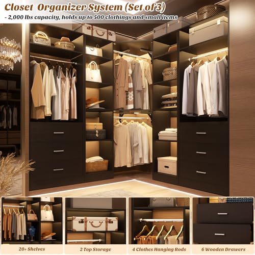 Besiost Corner Closet System with 6 Drawers, Closet Organizer System with 14 Shelves & 4 Hanging Rods, 87.2"L * 39.2"W / 63.2"L * 63.2"W Reversible L Shaped Walk-in Closets, Load 2500+LBS, Black - color: Black, size: 39.2" * 87.2"