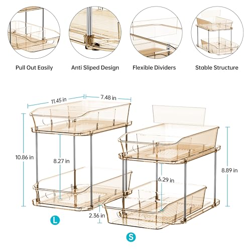 Delamu 2-Tier Under Sink Organizers and Storage, Multi-Purpose Stackable Bathroom Cabinet organizers, Pull Out Kitchen Pantry Organization and Storage with Dividers(2 Pack, Amber) - color: Amber, size: 2 Pack