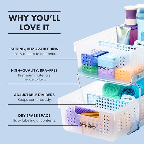 madesmart Two-Tier Bathroom Cabinet Organizer, Sliding Drawer Storage for Bottles, Sponges & Cleaning Supplies, Blue - color: Blue