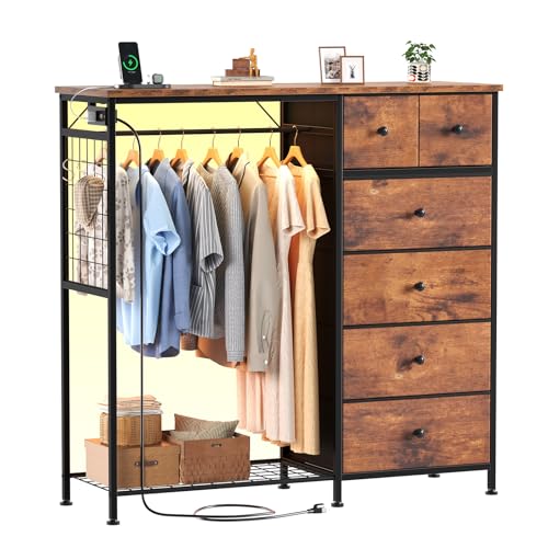 DUMOS Dresser for Bedroom with Hanging Rack, 6 Drawer Fabric Dresser with Charging Station and LED Lights, Closet Organizer & Storage Tower for Living Room, Entryway, Apartment, Rustic Brown - color: Brown, size: 15.8"D x 47.2"W x 49.2"H (6 Drawers)