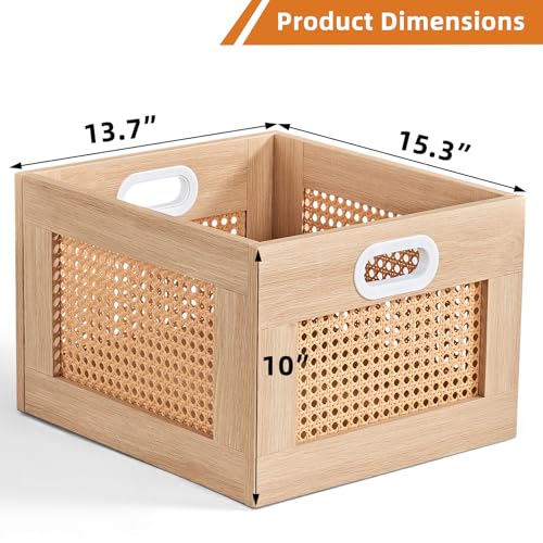 LELELINKY 2 Pack Vinyl Record Storage Crates, Rattan Vinyl Record Holder with Handle, Natural Wood Record Crate for Vinyls Holder up to 75 LP's, Desktop Cube Album Storage for Vinyls Records - color: Natural, size: 2 Pack