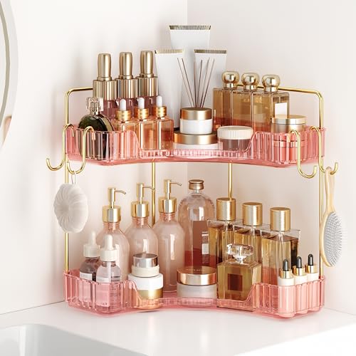 Delicate Pink 2-Tier Corner Counter Organizer with Expandable Hooks | Bathroom, Kitchen & Vanity Storage for PET Makeup, Skincare & Jewelry - color: Pink, size: 2 Tier