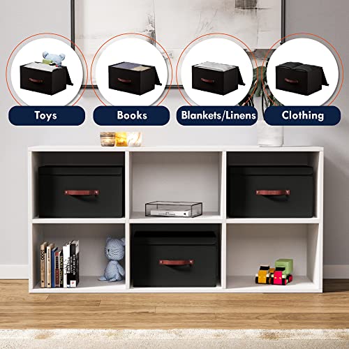 Ornavo Home 6 Pack Collapsible Storage Bins with Lid, Foldable Linen Fabric Shelf Storage Basket Closet Organizer and Large Storage Box for Clothes with Leather Handles, 15 x 10 x 9, Black - color: Black, size: Large - 6 Pack