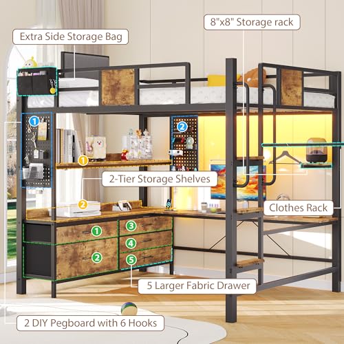 Dnxao Full Loft Bed with Desk and 5 Storage Drawers, 800lb Capacity Heavy Duty Metal Bed Frame for Adults & Teens, LED Lights, Charging Station, Pegboard & Shelves, Rustic Brown | Clothes Rack - color: Rustic Brown, size: Full loft bed with 5 drawer