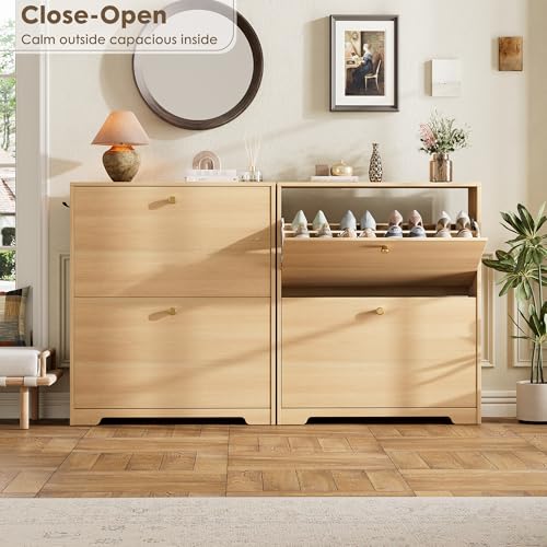 Nicetree Shoe Storage Cabinet with 2 Flip Drawers, Slim Shoe Cabinet, Hidden Shoe Rack Cabinet, Shoe Storage Cabinet for Entryway, Hallway, Foryer, Natural Oak - color: Natural Oak, style: 2-Drawers