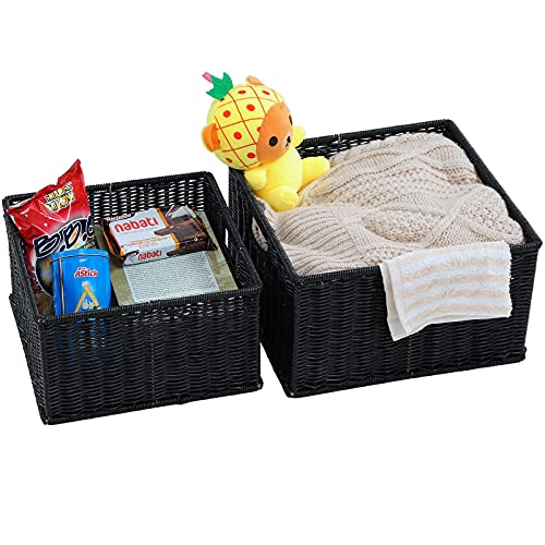 HOONEX Wicker Storage Baskets for Organizing, Decorative Woven Baskets for Storage with Carrying Handles, Set of 2, Black - color: Black, size: 13 x 13 x 7.5 inches