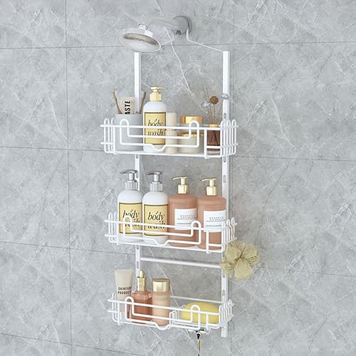SWTYMIKI Shower Caddy Hanging Organizer - 3-Tier Rustproof Shower Organizer Over Showerhead with Adjustable Baskets, 24 Hooks, Soap & Razor Holder - No Drill Large Bathroom Storage Rack, White - color: White