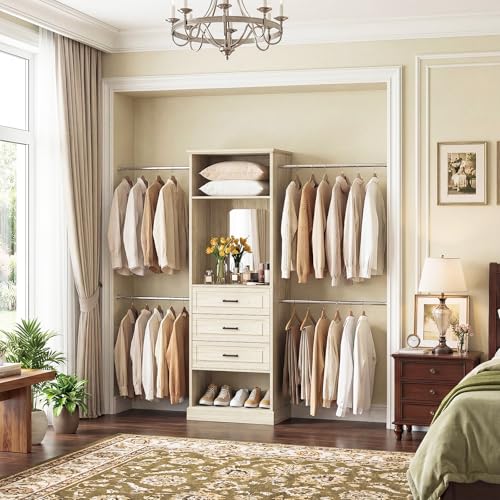Unikito Closet System, 4FT - 9FT Closet Organizer with Mirror, Luxury Walk in Closet Insert with Drawers and 4 Hanging Rods, Sturdy Wood Wardrobe Closet Garment Rack with 25” Tower, White Oak - color: White Oak