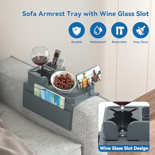 Couch Arm Cup Holder CLESOO Couch Arm Tray Anti-Slip Couch Cup Holder Silicone Sofa Armrest Tray Dual Side Pocket Couch Drink Holder Sofa Caddy Arm Remote Holder Snack Caddy with Phone Holder Blue - color: Blue