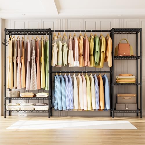 Golpart Heavy Duty Garment Rack Clothes Rack,Large Metal Closet Organizer System Storage Wardrobe,Freestanding Clothing Rack with 7 Adjustable Wire Shelves&3 Hang Rods,MaxLoad 1500lbs - color: Black, size: 15.75"D x (70~88.5)"W x 76.5"H