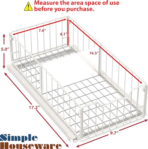 Simple Houseware Pull-Out Cabinet Sliding Basket Organizer, 17.2" D x 9.7" W x 5" H – White, Ideal for Kitchen and Bathroom Cabinet Storage, Under Sink or Pantry Organization - color: White