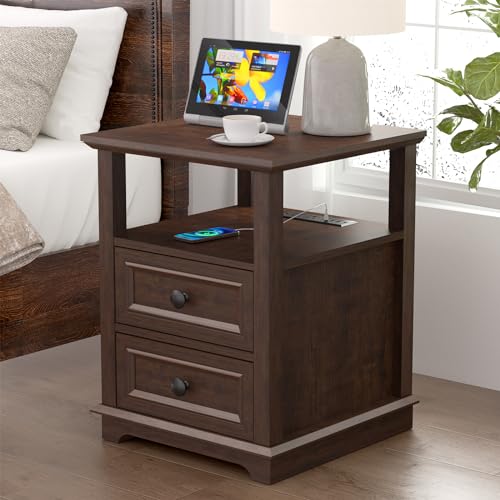 REDAYFUR 18" Wide End Table with Fast Charging Station Set of 2, 18” Wide Sofa Side Table with Drawers,End Table with Drawers for Living Room,Cherry - color: Cherry, size: 1 Set
