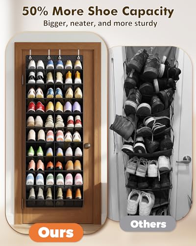 30 Pairs over the Door Shoe Organizer, 10 Tiers Shoe Rack for Door with Wider & Deeper Pockets (Fit Men's Size 14), Hanging Shoe Holder Storage for Closet, Bedroom, Bathroom, Black - color: Black