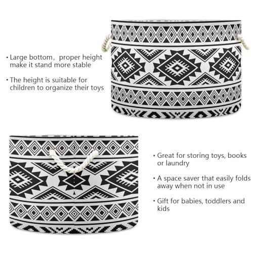 Black Ethnic Aztec Print Round Storage Basket Retro Tribal Navajo Geometric Large Laundry Hamper 20" x 20" x 14" Organizer Bin with Handles Clothes Storage Bag for Nursery Bedroom Living Room Decor - color: Black