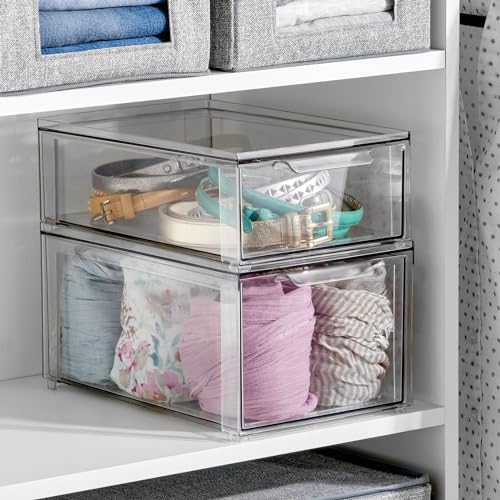mDesign Plastic Closet Organizer Bin w/Pull Out Drawer - Stackable Storage for Closet - Organization for Shoes, Clothes, Bags, Totes, Small Linens, and More - Lumiere Collection - 2 Pack - Clear - size: 8 x 12 x 6 (Pack of 2)